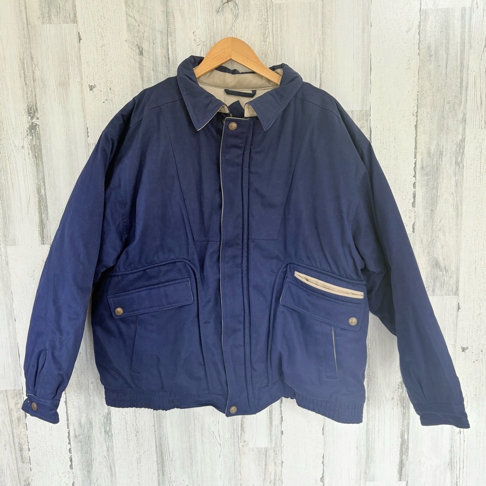 Mcgregor We Cover The Globe Vintage Men’s Size 2XL Winter Coat In Navy/Tan Trim